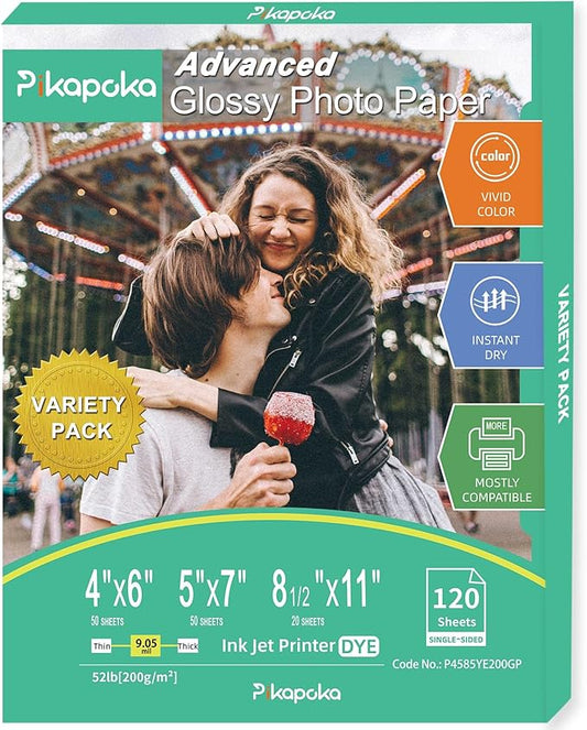 Glossy Photo Paper 4x6, 5x7, 8.5x11, 120 Variety Pack Bulk, Assorted Sizes, Inkjet printer, 52lb/200gsm-DeskLoop Office