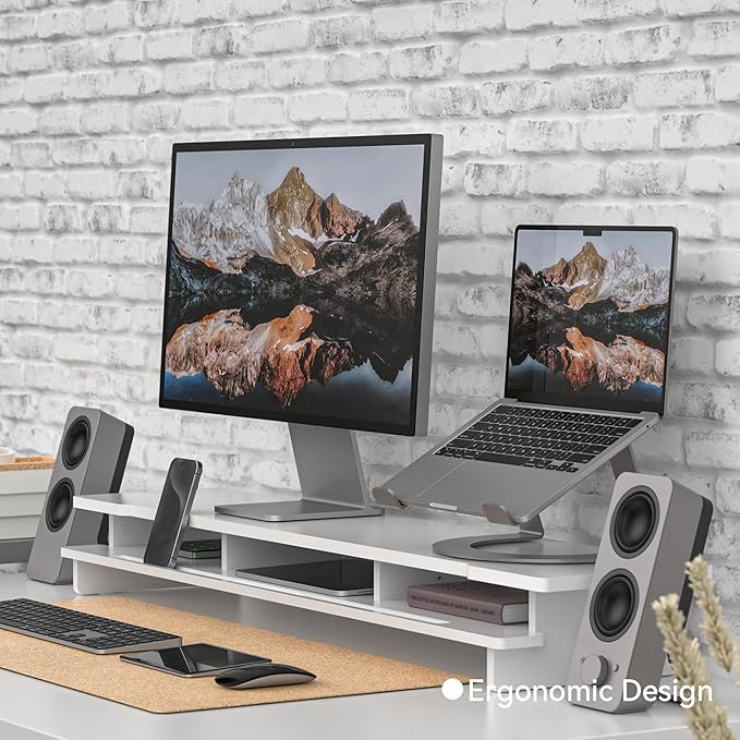 Monitor Stand Dual Monitor Stand Riser for Desk,Wood Desk Shelf Storage Organizer with Phone Tablet Holder (42.5 Inch, White)-DeskLoop Office
