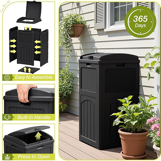 Greesum 33 Gallon Outdoor Trash Can with Lid, Waterproof Resin Garbage Bin for Hideaway, Deck, Patio, Black-DeskLoop Office