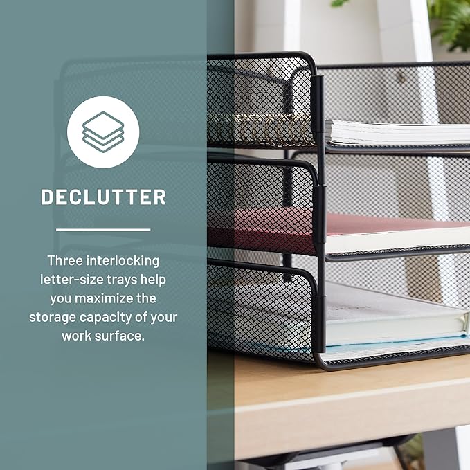 Safco Onyx Desk Organizer, 3 Trays, Office and Classroom Mailbox, Paper and Mail Sorter, Steel Mesh, Black-DeskLoop Office