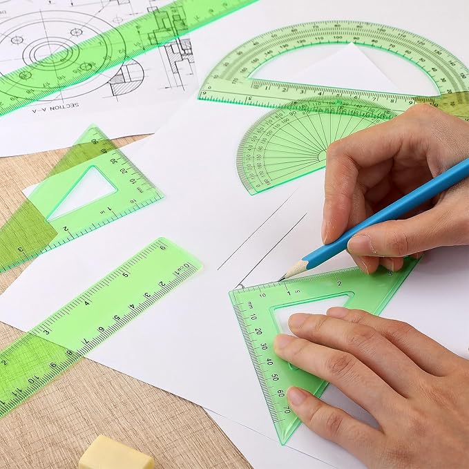 Tenare 1 Set Plastic Clear Math Set Includes Protractor Triangle Rulers 12 Inch 6 Inch Straight Geometry Math Transparent Ruler Measuring Tool for School Office Home Supplies (Green)-DeskLoop Office