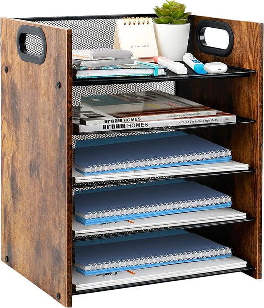 Wood Desk Organizer - 5-Tier Desktop File Organizer, Wooden Paper Tray, Office Desk Organzier and Accessories for Papers, Mail, Notebooks, Stationery-DeskLoop Office