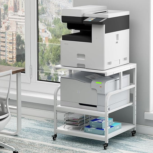 Printer Stand, 25.6" x 23.6" x 30.9" Extra Large Printer Table with Adjustable Storage Shelf, 3 Tier Rolling Printer Cart with Industrial Wheels for Home Office, White-DeskLoop Office