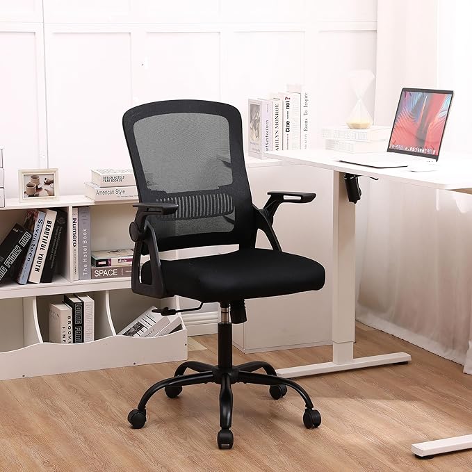 Office Chair, Ergonomic Desk Chair with Lumbar Support, Breathable Mesh Chair with Flip-up Armrests and Mid Back, Comfy Task Computer Height Adjustable Swivel Chair (2, Black)-DeskLoop Office