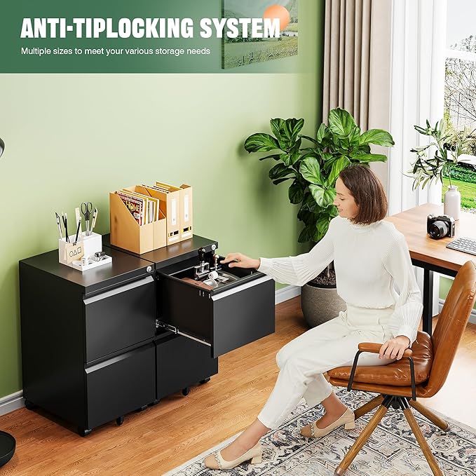 Letaya Mobile File Cabinet with Lock,2 Drawer Under Desk Metal Rolling Filing Cabinets for Home Office Organizer Letters/Legal/A4(Fully Assembled-Black)-DeskLoop Office