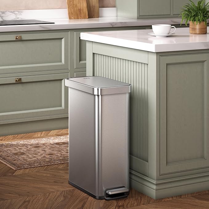 EKO Hudson Slim 50L / 13.2 Gallon Kitchen Trash Can with Lid, Stainless Steel Step Garbage Can for Kitchen or Home, Space-Saving Garbage Can with Soft Close Lid, Stay-Open, Liner Ring, Handle-DeskLoop Office
