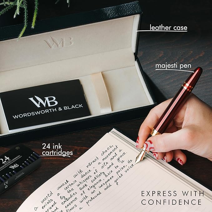 Wordsworth & Black Majesti Fountain Pen-(Red), Luxury Case, 24K Gold Finish; 18K Gilded Extra Fine Nib- Ink Cartridges, Refillable Ink Converter-Calligraphy Pen-Best Business Gift Set for Men & Women-DeskLoop Office