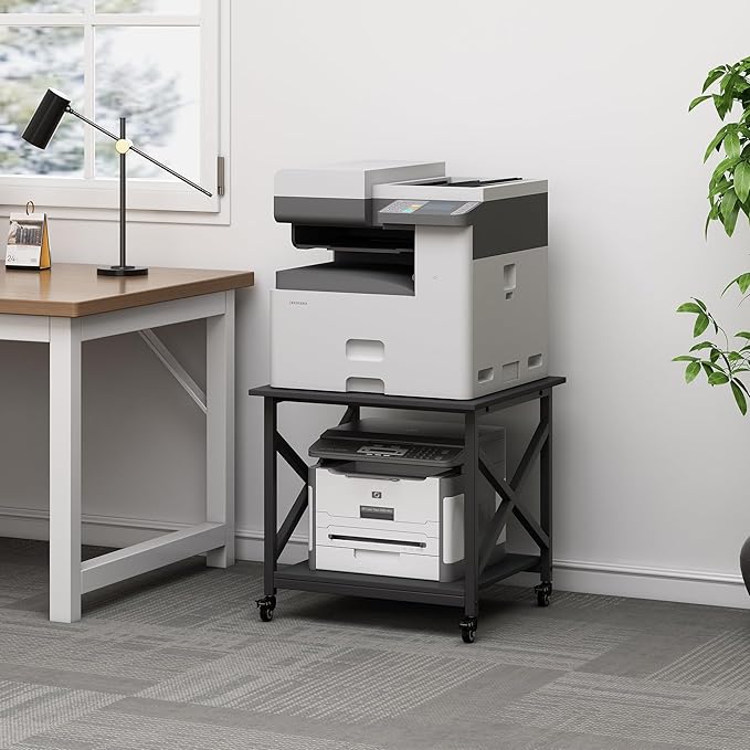 2 Tier Large Printer Stand, 23.6 x 23.6 x 22.6 Inches Square Printer Table with Storage Shelf, Rolling Printer Cart with Industrial Wheels for Home Office, Mini Fridge Stand Table - Black-DeskLoop Office