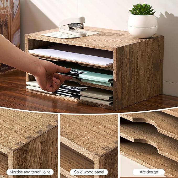 KIRIGEN Wooden Desktop Organizer Paper Storage Letter Tray File Sorter - Desk Rack Magazine File Dividers Holders for Home Office Accessories with 3 Layer Trays Dark Brown (3KWJG-DBR)-DeskLoop Office