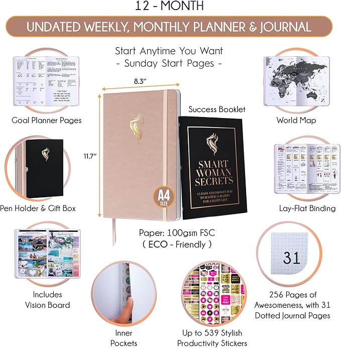 Hourly Planner - Undated Daily, Weekly & Monthly Planner with Budget Section | A 12 Month Journey to Increase Productivity & Happiness | Life Organizer & Gratitude Journal - Vertical Format-DeskLoop Office