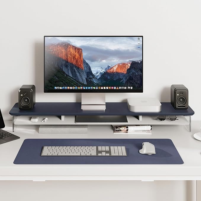 Fenge Acrylic Monitor Stand Riser, 42.5 Inches Dual Monitor Stand with Metal Storage, 2 Tier Acrylic Computer Riser for Desk, Clear Laptop Stand for PC, Laptop, Printer, TV, Blue-DeskLoop Office