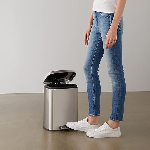 Amazon Basics Smudge Resistant Small Rectangular Trash Can With Soft-Close Foot Pedal, Brushed Stainless Steel, 12 Liter/3.1 Gallon, Satin Nickel Finish, 11.3"L x 9.9"W x 15.1"H-DeskLoop Office