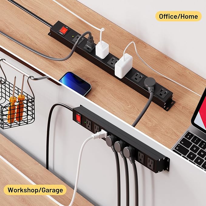 KF 8 Outlet Heavy Duty Power Strip Surge Protector, 2100J Surge Protection Black Power Strip, 15A/1875W Mountable Power Strips, 14AWG 6FT Extension Cord, Black(8FT-2100J)-DeskLoop Office