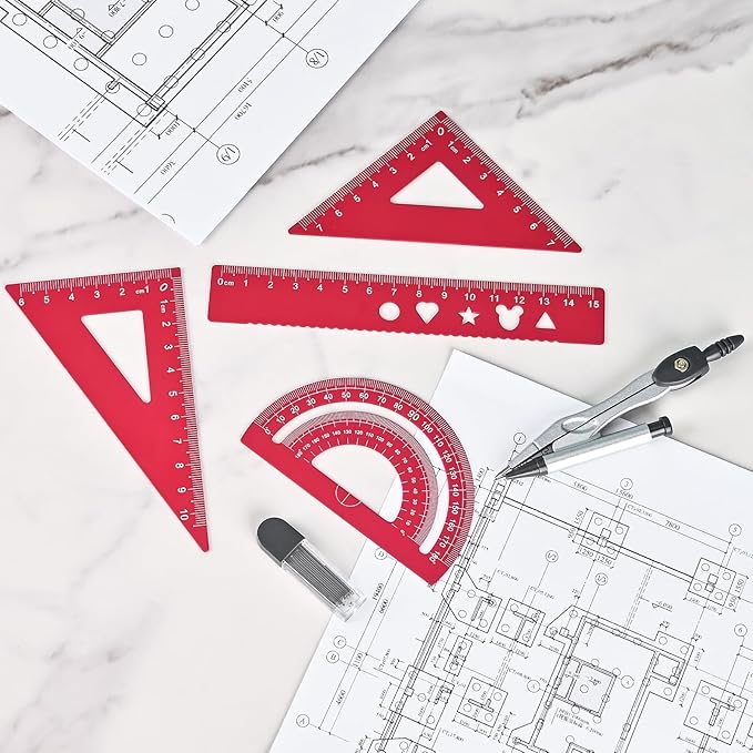 6 Pcs Metal Geometry Set, Math Geometry Kit, Metal Ruler Set and Compass Geometry Tool, Rulers Protractor and Compass Set for Student School and Drawings Supplies (Red)-DeskLoop Office