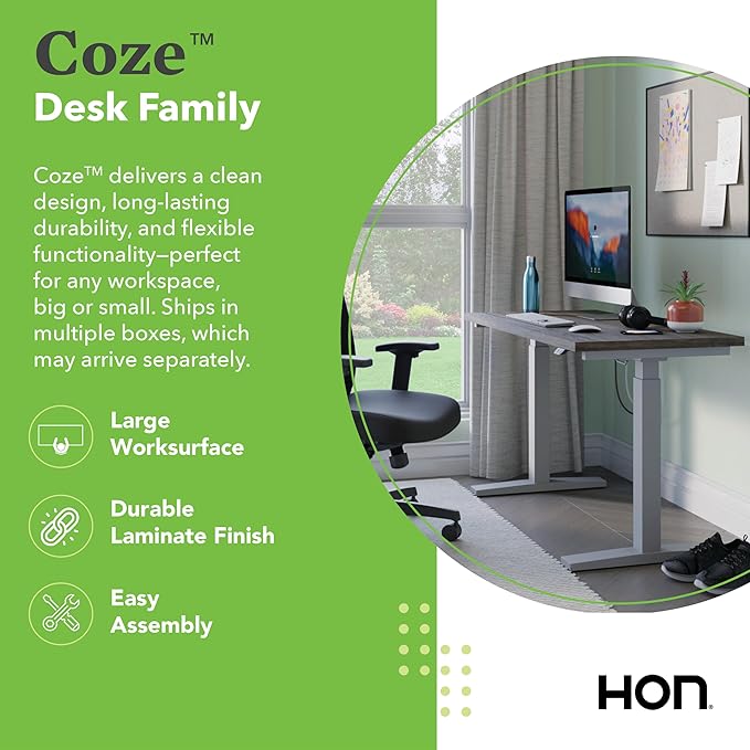 HON Coze Electric Standing Desk Adjustable Height, Coordinate Height Adjustable Desk, 48", Walnut Top, Silver Base-DeskLoop Office