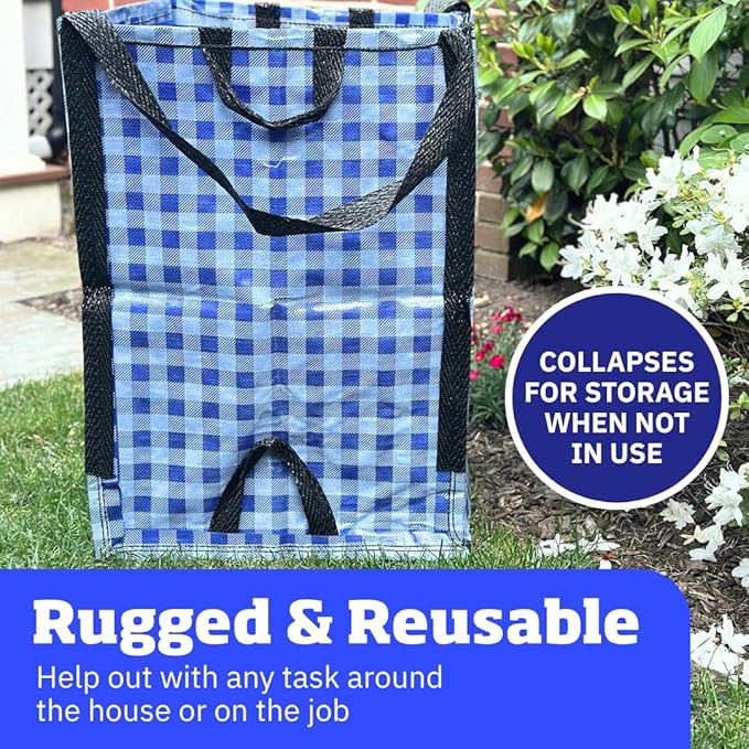DURASACK Heavy Duty Home and Yard Bags 48-Gallon Reusable Self-Standing Lawn and Leaf Bags Garbage Can with Reinforced Handles, Gingham Blue, 3 Pack-DeskLoop Office