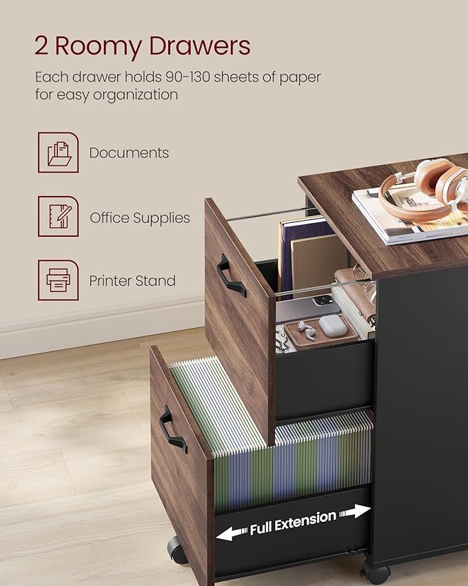 VASAGLE 2-Drawer File Cabinet, Small Rolling Filing Cabinet for Home Office, Printer Stand, for A4, Letter-Size Documents, 15.7 x 16.5 x 27.6 Inches, Natural Walnut and Ink Black UOFC040K01-DeskLoop Office