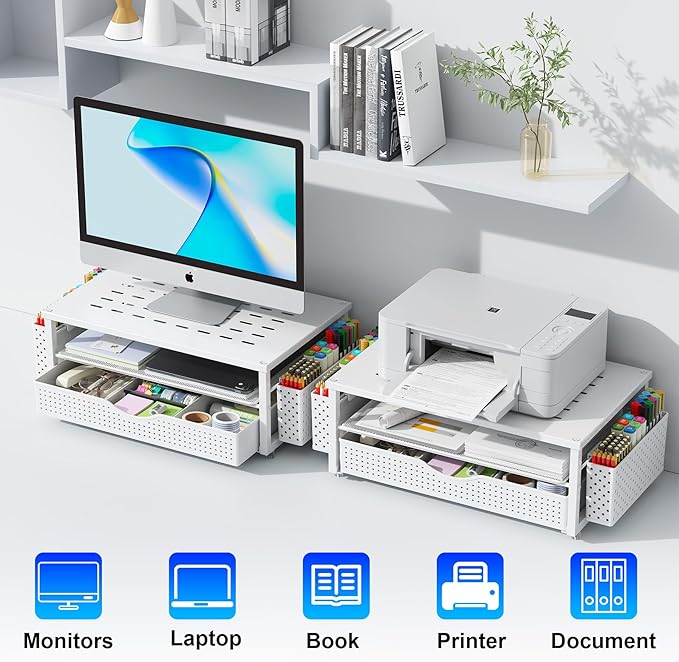 gianotter Desk Organizers and Accessories, Monitor Stand with Drawer and 2 Pen Holder, Desktop Organizer Suitable for Offices and Dormitories (White)-DeskLoop Office