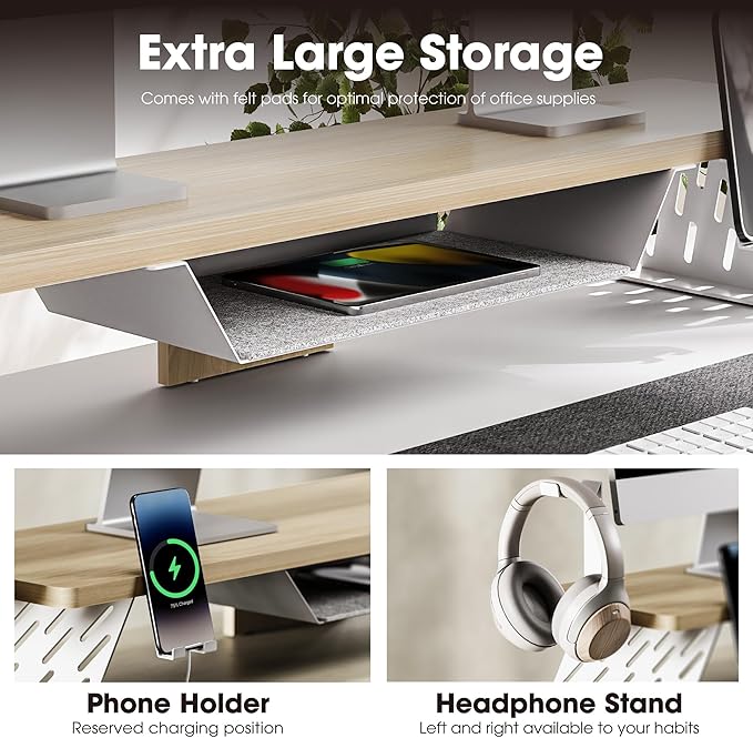 Fenge Dual Monitor Stand, 42.5 Inch Monitor Riser for Desk, Wood Desk Shelf for 2 Monitors, 2 Tier Monitor Shelf with Headphone Stand & Phone Holder-DeskLoop Office