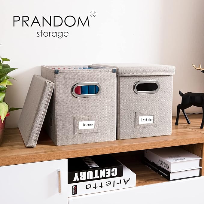 PRANDOM File Organizer Box - Set of 4 Collapsible Decorative Linen Filing Storage Hanging File Folders with Lids Office Cabinet Letter Size Light Grey (14x9.3x10.8 inch)-DeskLoop Office