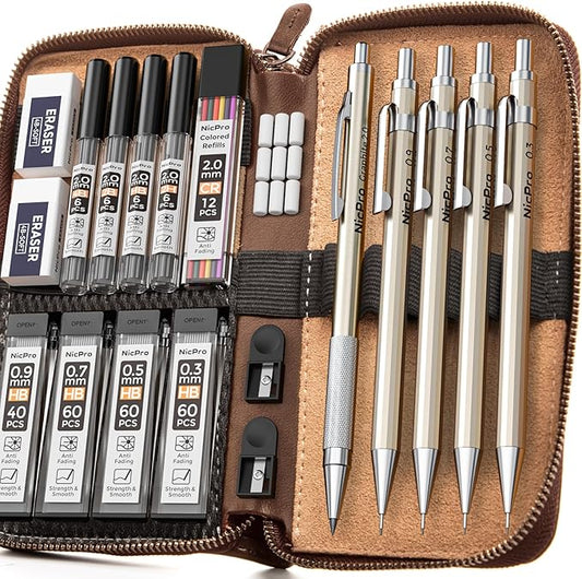 Nicpro 20PCS Metal Mechanical Pencil Set in Leather Case, 0.3 & 0.5 & 0.7 & 0.9 mm & 2mm Lead Pencil Holders, (4B 2B HB 2H) Lead Refills (Black & Colors), Erasers, For Art Drafting Sketching Drawing-DeskLoop Office