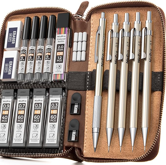 Nicpro 20PCS Metal Mechanical Pencil Set in Leather Case, 0.3 & 0.5 & 0.7 & 0.9 mm & 2mm Lead Pencil Holders, (4B 2B HB 2H) Lead Refills (Black & Colors), Erasers, For Art Drafting Sketching Drawing-DeskLoop Office