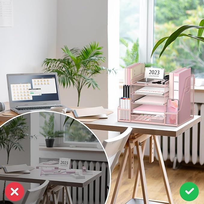 SUPEASY Mesh Desk Organizer with File Holder, 5-Tier Paper Letter Tray Organizer with Magazine Holder, Desktop Organizer and Storage with Drawer for Office Supplies Home or School, Pink-DeskLoop Office