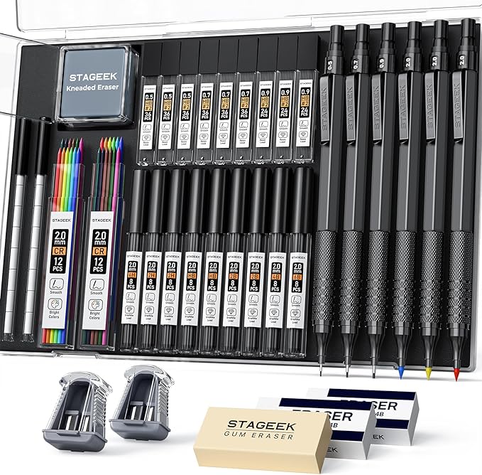 35PCS Black Art Mechanical Pencil Set in Case,0.5 0.7 0.9 2.0 Graphite Metal Drawing Drafting Pencils, Sharpener Erasers 384PCS Lead Refills (6B 4B 2B HB 2H 4H Colors) for Writing Sketching