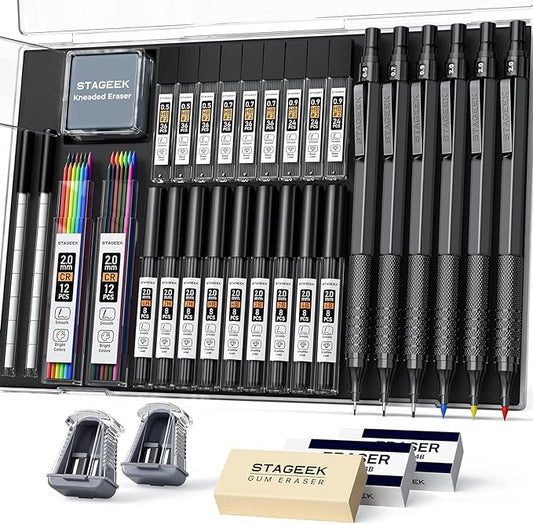 35PCS Black Art Mechanical Pencil Set in Case,0.5 0.7 0.9 2.0 Graphite Metal Drawing Drafting Pencils, Sharpener Erasers 384PCS Lead Refills (6B 4B 2B HB 2H 4H Colors) for Writing Sketching-DeskLoop Office