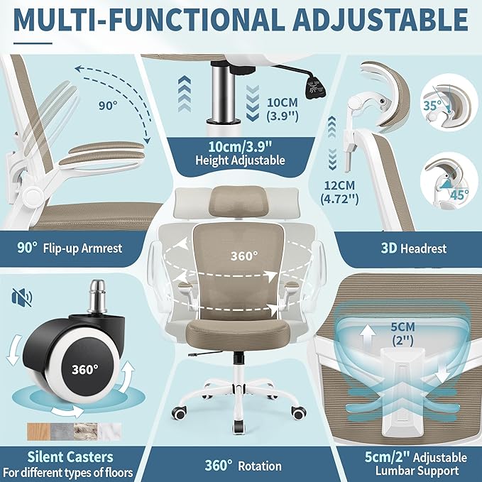 FelixKing Ergonomic Office Chair, Headrest Desk Chair Office Chair with Adjustable Lumbar Support, Home Office Swivel Task Chair with High Back and Armrest, Adjustable Height Gaming Chair(Khaki)-DeskLoop Office