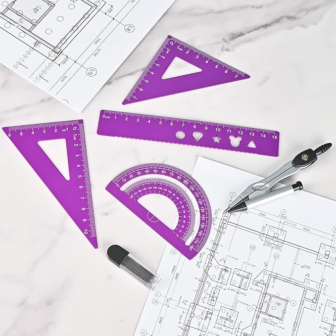 6 Pcs Metal Geometry Set, Math Geometry Kit, Metal Ruler Set and Compass Geometry Tool, Rulers Protractor and Compass Set for Student School and Drawings Supplies (Purple)-DeskLoop Office