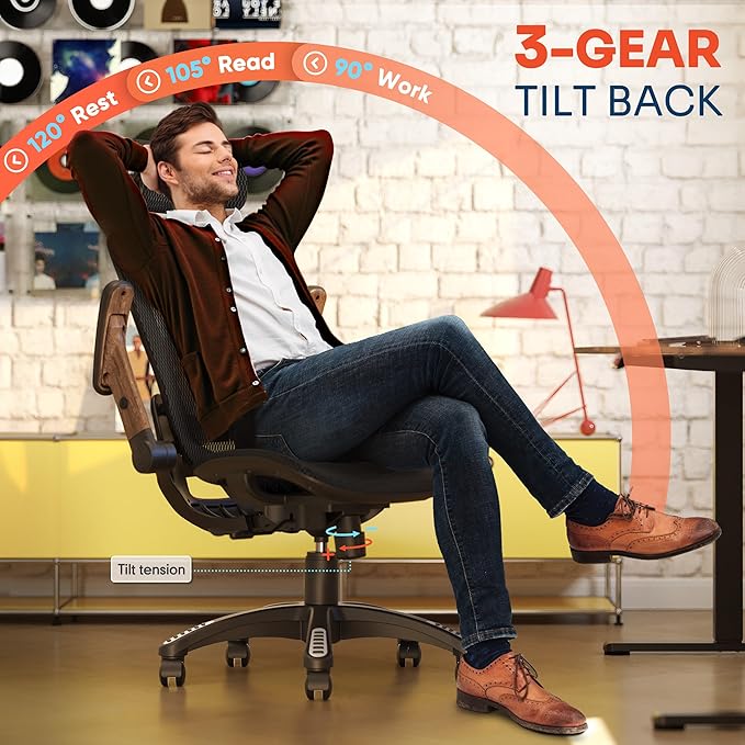 GABRYLLY Ergonomic Office Chair, High Back Home Desk Chair with Headrest, Flip-Up Arms, 90-120° Tilt Lock and Wide Cushion, Big and Tall Mesh Chairs for Man Woman, Black Task Chair(Dark Woodgrain)-DeskLoop Office