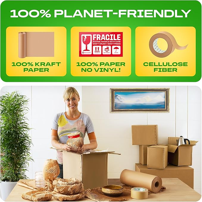 Honeycomb Packing Paper | Extra Thick 90 GSM Packing Wrap | Biodegradable Packing Materials: 15” x 200’ Moving Paper + 195’ Cellulose Adhesive Tape + 30 Fragile Stickers | Paper Bubble Wrap-DeskLoop Office