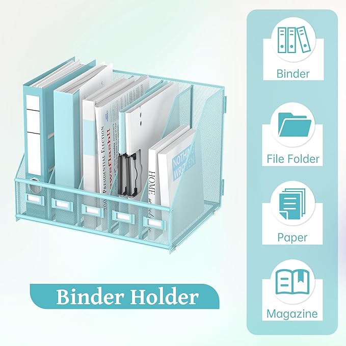 SUPEASY Desk Organizers Metal Desk Magazine File Holder with 5 Vertical Compartments Rack File Organizer for Office Desktop, Home Workspace, Blue Plus-DeskLoop Office