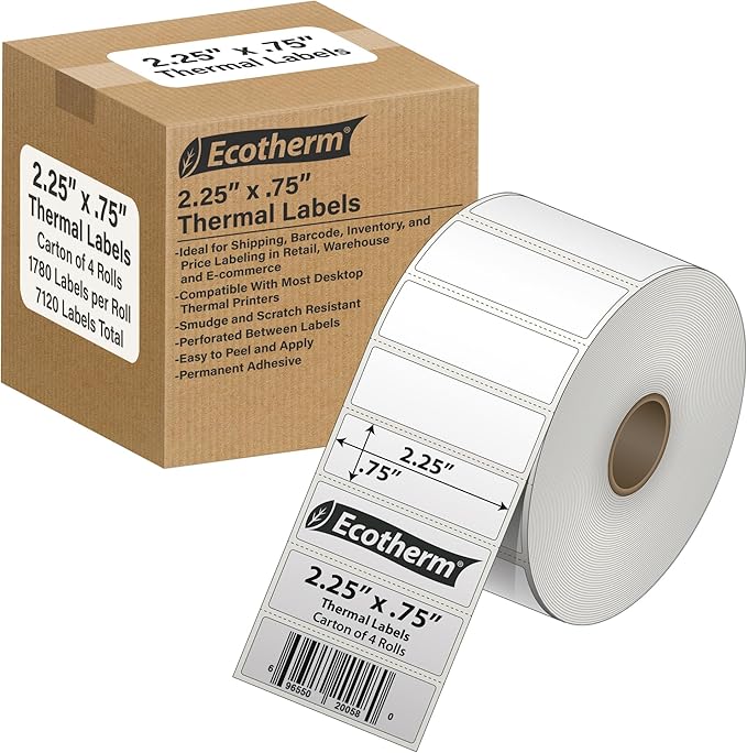 2.25" x .75" Thermal Labels | 4 Rolls | 7120 Labels | fits Zebra, Munbyn, Rollo, Godex, Arkscan, iDPRT, Offnova Thermal Label Printers and More | Blank White Adhesive Stickers by Ecotherm-DeskLoop Office