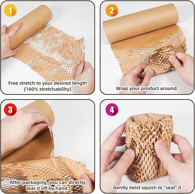 Honeycomb Packing Paper Wrap 12"x100' Sustainable Alternative to Bubble Wrap for Moving Shipping/Gift, Biodegradable & Fully Recyclable Bubble Paper Wrapping with 20 Fragile Sticker……-DeskLoop Office