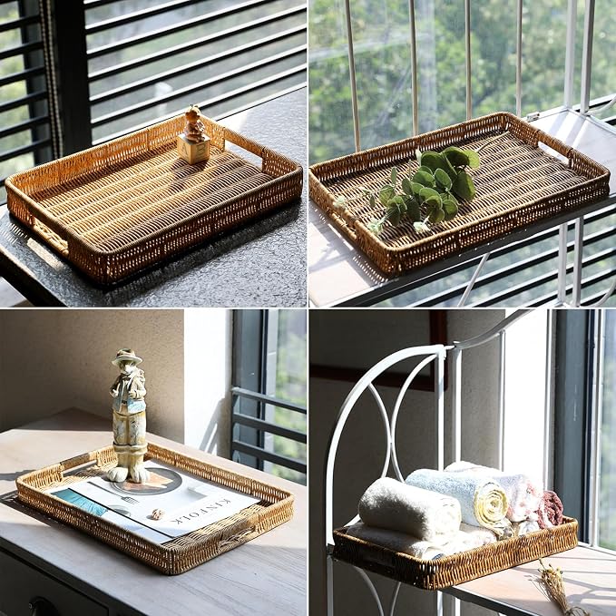 2 Pack Rectangle Rattan Serving Trays - Image 9