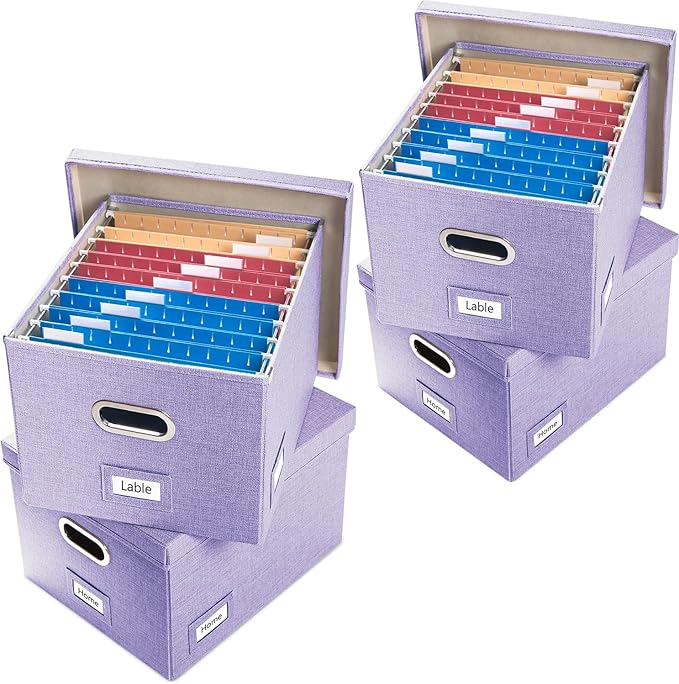 PRANDOM File Organizer Box - Set of 4 Collapsible Decorative Linen Filing Storage Hanging File Folders with Lids Office Cabinet Letter/Legal Size Purple 17.1x14x11.1 inch-DeskLoop Office