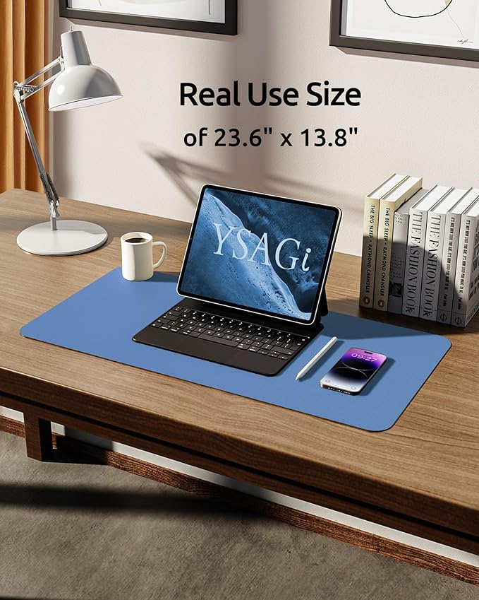 YSAGi Leather Desk Protector, Office Mat, Large Mouse Mat, Non-Slip PU Leather Blotter, Laptop Desk Pad, Waterproof Writing Pad for Office and Home (Sea Blue, 23.6" x 13.8")-DeskLoop Office