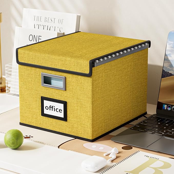 Huolewa Collapsible File Storage Organizer Box with Lid, Linen Document Storage Organization, Universal Hanging Filing Box for Letter/Legal Folder, Decorative Office/Home File Bins - yellow, box only-DeskLoop Office