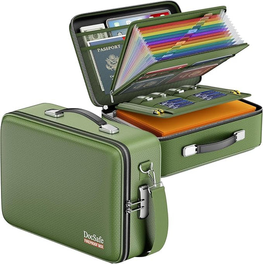 DocSafe Fireproof Document Box with Lock, Hard Case File Organizer with Accordion File Folder, Fireproof Water Resistant Safe Box Home Office Travel Storage for Important Documents Laptop Green-DeskLoop Office