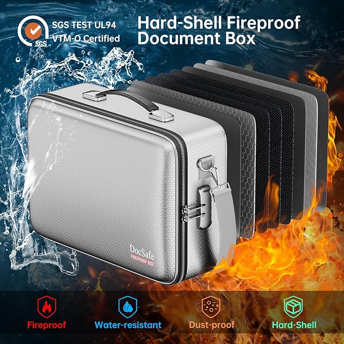 DocSafe Fireproof Document Box with Lock, Hard Case File Organizer with Accordion File Folder, Fireproof Water Resistant Safe Box Home Office Travel Storage for Important Documents Laptop Silver-DeskLoop Office