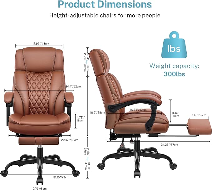 Executive Leather Office Chair, Big and Tall Office Chair with Footrest Home Office Desk Chairs, Ergonomic Computer Desk Chair with Lumbar Support, Reclining Office Chairs with Adjustable Angle-DeskLoop Office