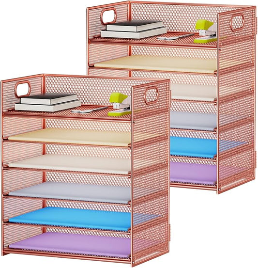 Marbrasse 2 Pack Desk Organizer with Handle, 6 Tier Paper Letter Tray, Mesh Desk File Organizer for Office, School and Home - Rose Gold-DeskLoop Office