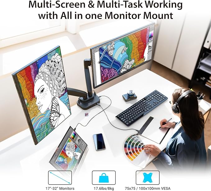 j5create Dual Monitor Mount with 10-in-1 Docking Station, Fully Adjustable Monitor Desk Stand for 2 Screens up to 32 inch, Conveniently Set Optimal Angle and Maximize Productivity (JTSA302)-DeskLoop Office