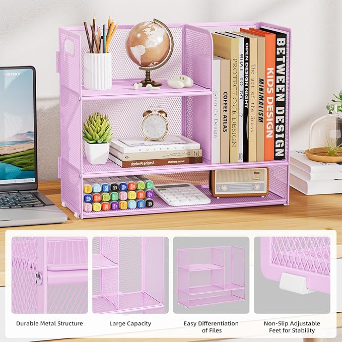 Marbrasse 3-Tier Desk Shelf Organizer with Handle, Desktop Bookshelf File Holder, Mesh Display Shelf Organizer Storage Rack for Office, Home, Supplies, Kitchen (Purple)-DeskLoop Office
