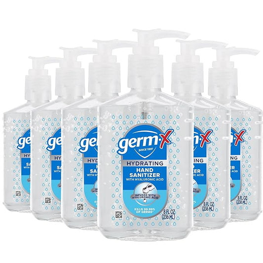 Germ-X Hand Sanitizer, Hydrating with Hyaluronic Acid, 8 Fl Oz Pump (Pack of 6) Instant & No Rinse Formula for All Skin Types, Back to School Supplies, Formulated without Parabens, Phthalates & Dyes-DeskLoop Office