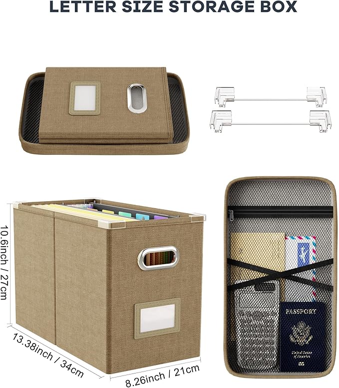 Oterri File Organizer Box with Lid, Hanging Filing File Box with Mesh Pocket, Document Organizer Box for Letter Files, Portable Storage Box with Smooth Sliding Rail for Office&Home(1 PCS, Khaki)-DeskLoop Office