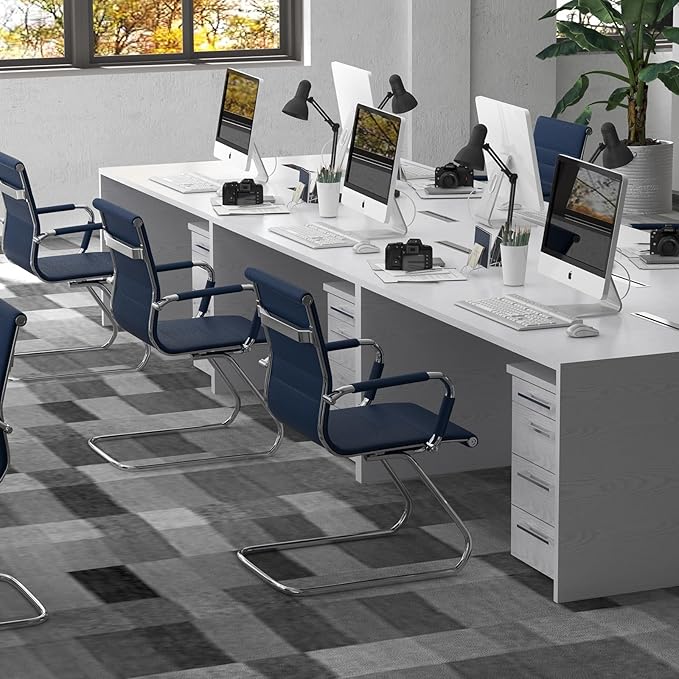 Reception Chairs Leather Conference Guest Chair Heavy Duty Back Support Office Chair, Set of 2 (Navy)-DeskLoop Office