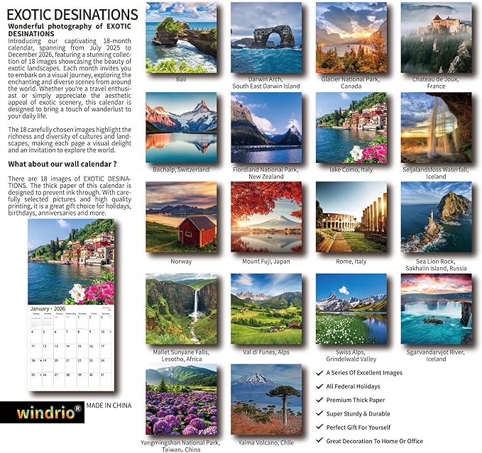 2026 Wall Calendar,Calendar 2026, July 2025 - December 2026, Wall Calendar Exotic Destinations, 12" x 24" Opened,Full Page Months Thick & Sturdy Paper for Calendar Organizing & Planning-DeskLoop Office